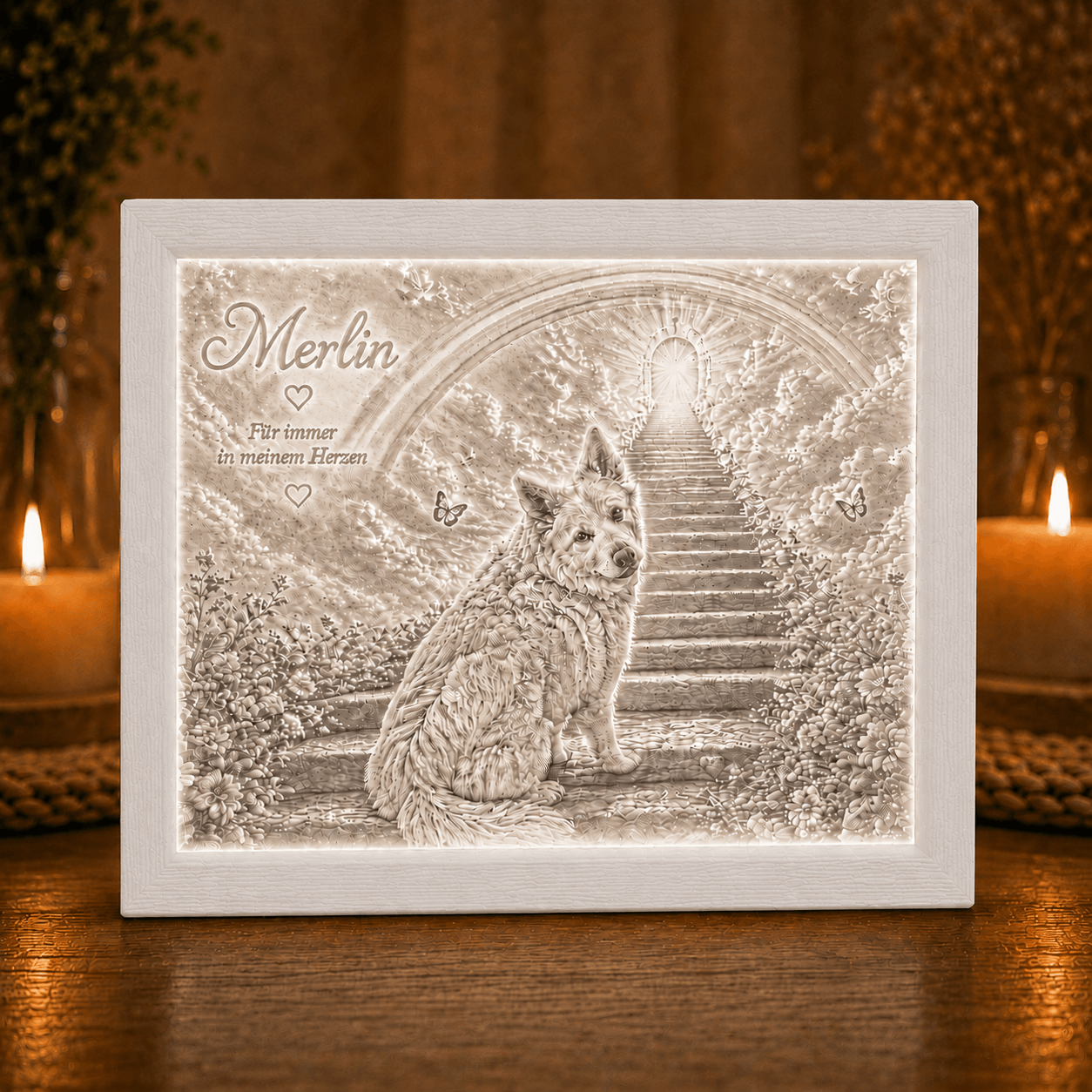 Großes personalisiertes Gedenklicht für Hund Merlin in frontaler Ansicht mit weißem 3D-gedrucktem PLA-Rahmen, sichtbarer Druckstruktur, warm beleuchtetem Lithophane-Motiv und Außenmaß 21 × 16 cm.