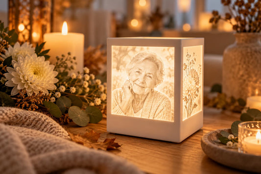 Leuchtender Lichtwürfel mit dem Foto einer älteren Frau zwischen Kerzen und weißen Chrysanthemen