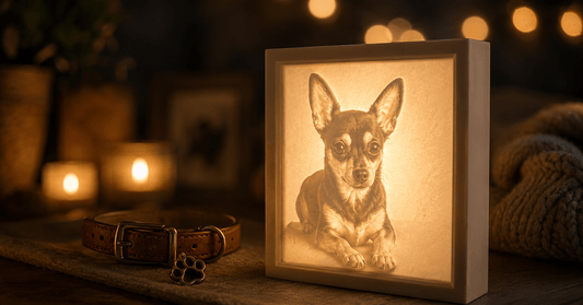 Leuchtendes personalisiertes 3D-Lichtbild mit Hundeporträt in warmem Ambiente, daneben ein Hundehalsband als Geschenkidee für Hundebesitzer
