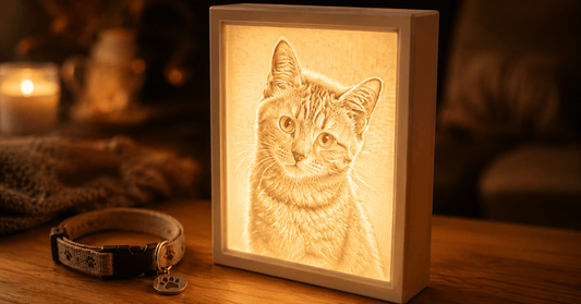Leuchtendes personalisiertes 3D-Lichtbild mit Katzenporträt in weißem Rahmen, daneben ein kleines Halsband mit Pfotenanhänger in warmer, gemütlicher Atmosphäre