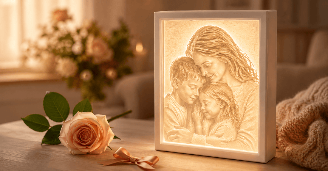 Leuchtendes personalisiertes 3D-Lichtbild im weißen Rahmen mit Mutter und Kindern, daneben eine Rose und ein Geschenkband in heller, gemütlicher Atmosphäre