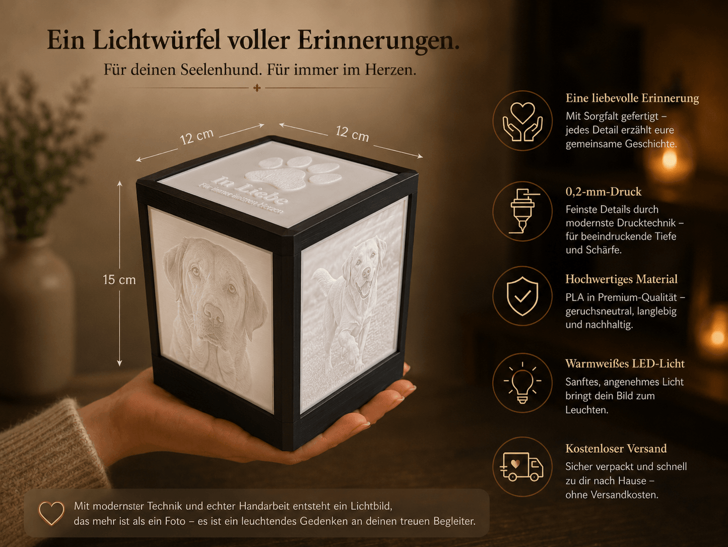 Gedenkwürfel für Haustiere mit Foto & Pfotenabdruck