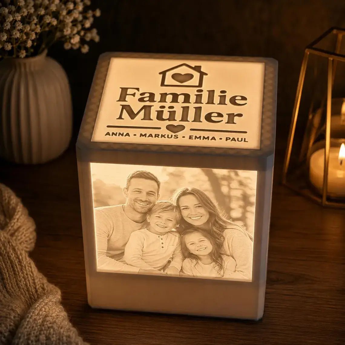 Familienwürfel – Personalisierter Lichtwürfel mit Familienfotos | 3D Lithophane Lampe - Lichterinnerung