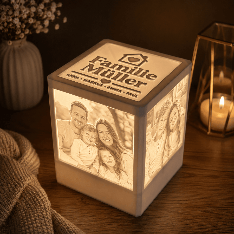 Familienwürfel – Personalisierter Lichtwürfel mit Familienfotos | 3D Lithophane Lampe - Lichterinnerung