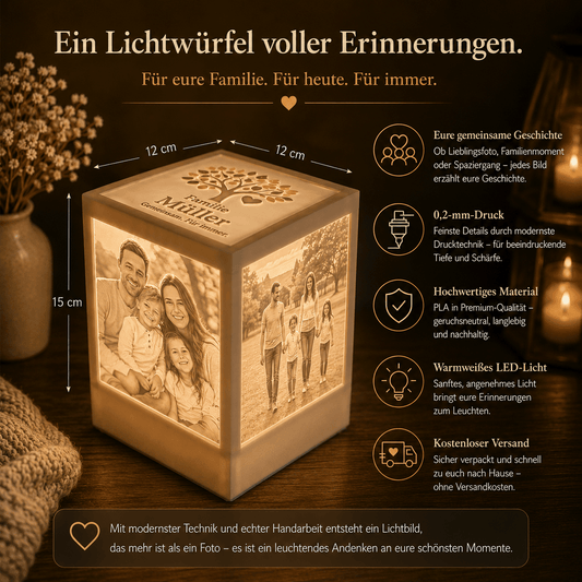 Familienwürfel – Personalisierter Lichtwürfel mit Familienfotos | 3D Lithophane Lampe - Lichterinnerung