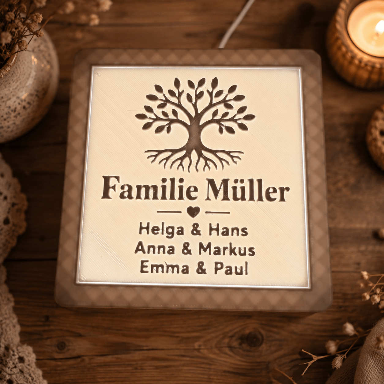 Generationenwürfel – Personalisierter Lichtwürfel für drei Generationen | 3D Lithophane Lampe