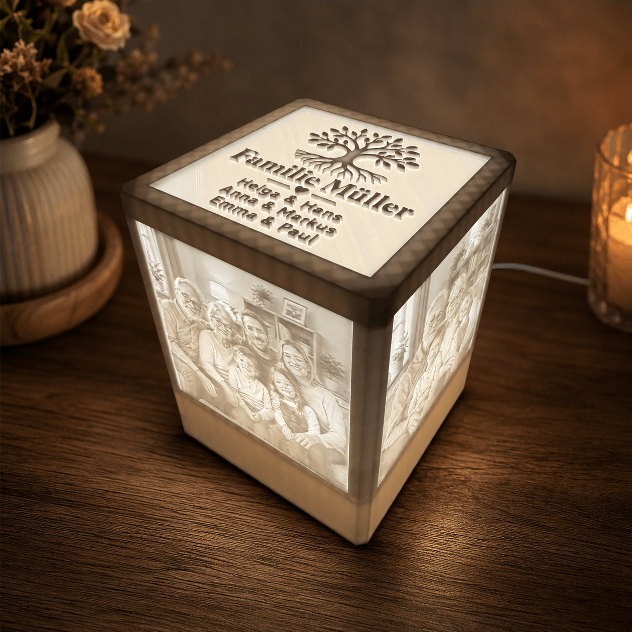 Generationenwürfel – Personalisierter Lichtwürfel für drei Generationen | 3D Lithophane Lampe