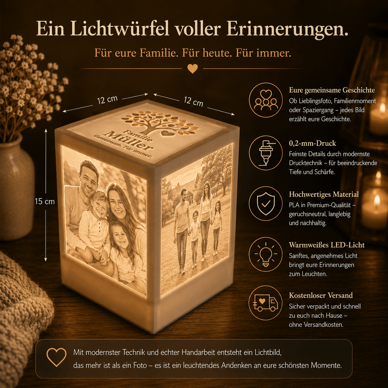 Generationenwürfel – Personalisierter Lichtwürfel für drei Generationen | 3D Lithophane Lampe