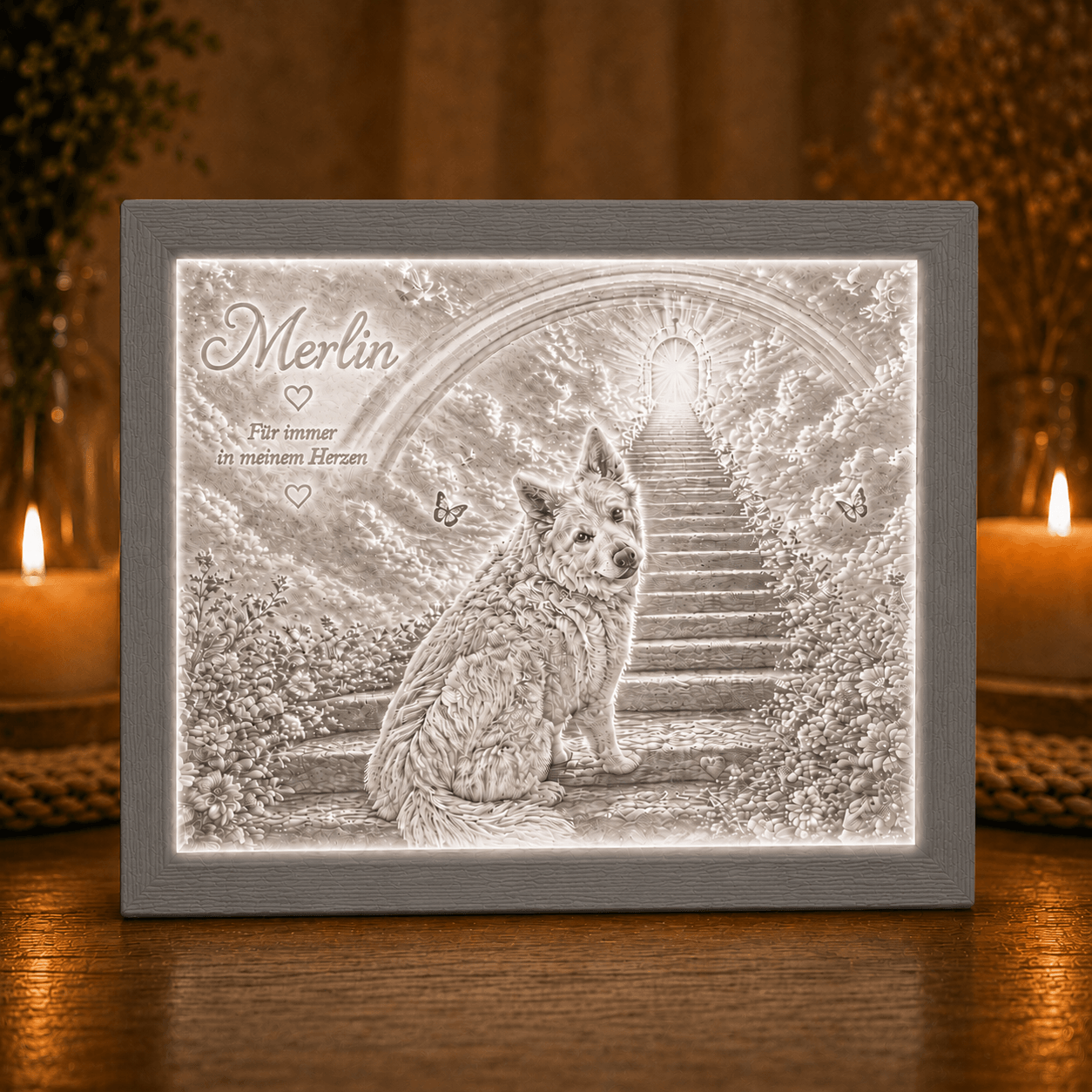 Großes personalisiertes Gedenklicht für Hund Merlin in frontaler Ansicht mit grauem 3D-gedrucktem PLA-Rahmen, sichtbarer Druckstruktur, warm beleuchtetem Lithophane-Motiv und Außenmaß 21 × 16 cm.