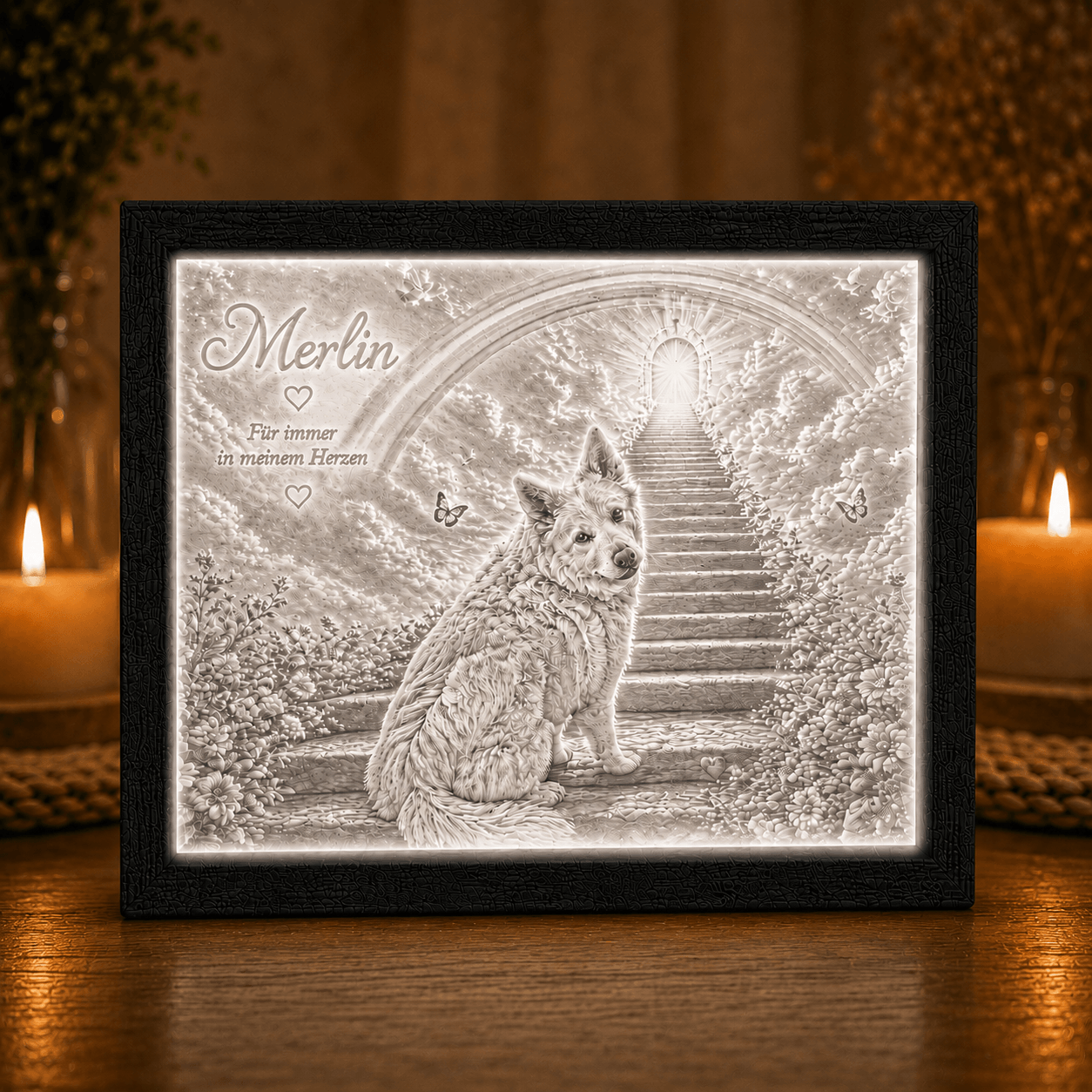 Großes personalisiertes Gedenklicht für Hund Merlin in frontaler Ansicht mit schwarzem 3D-gedrucktem Rahmen, warm beleuchtetem Lithophane-Motiv und Außenmaß 21 × 16 cm.