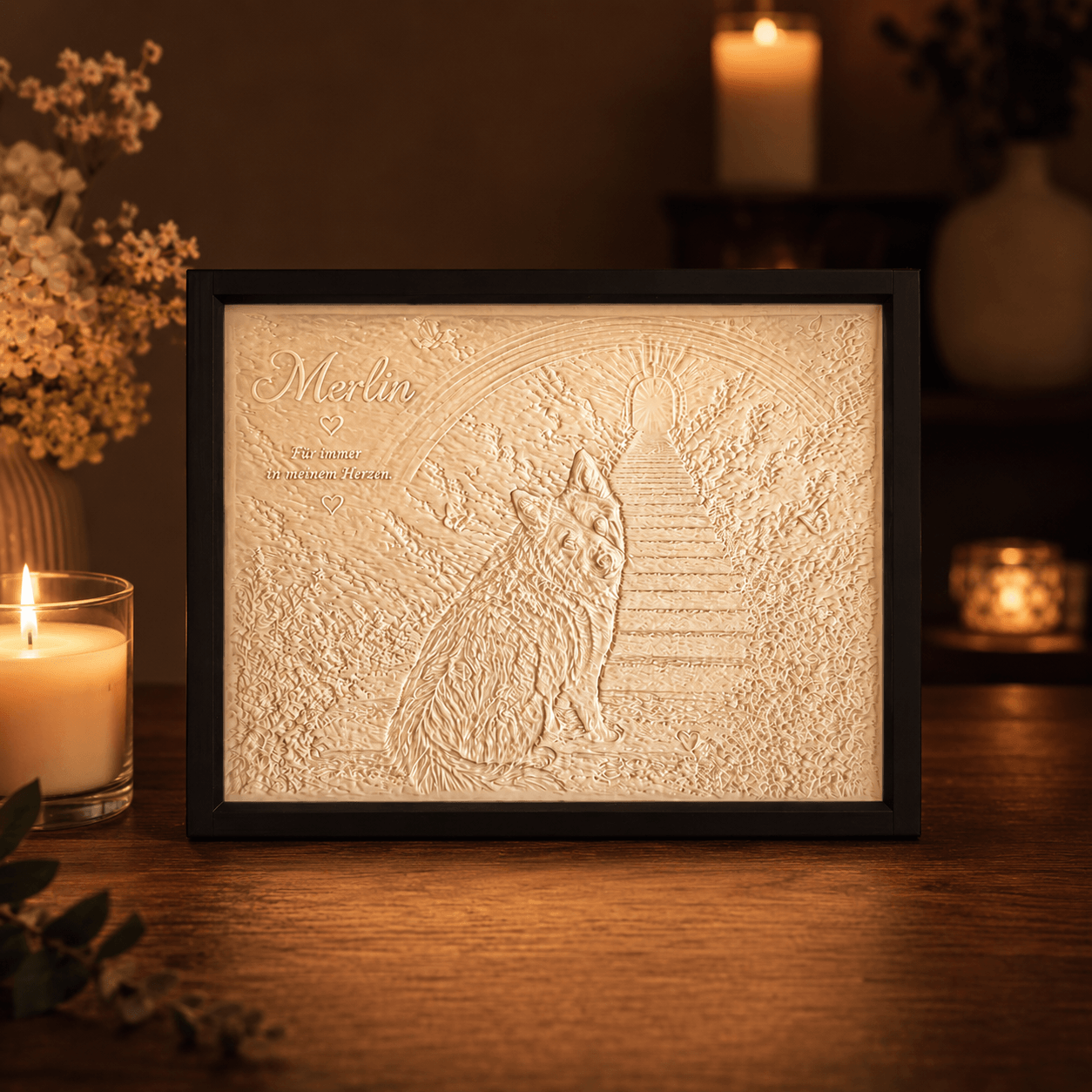 Personalisiertes Gedenklicht für Hund Merlin im Querformat mit schwarzem Rahmen, warm beleuchtetem Lithophane-Motiv und stimmungsvollem Gedenklicht-Hintergrund.