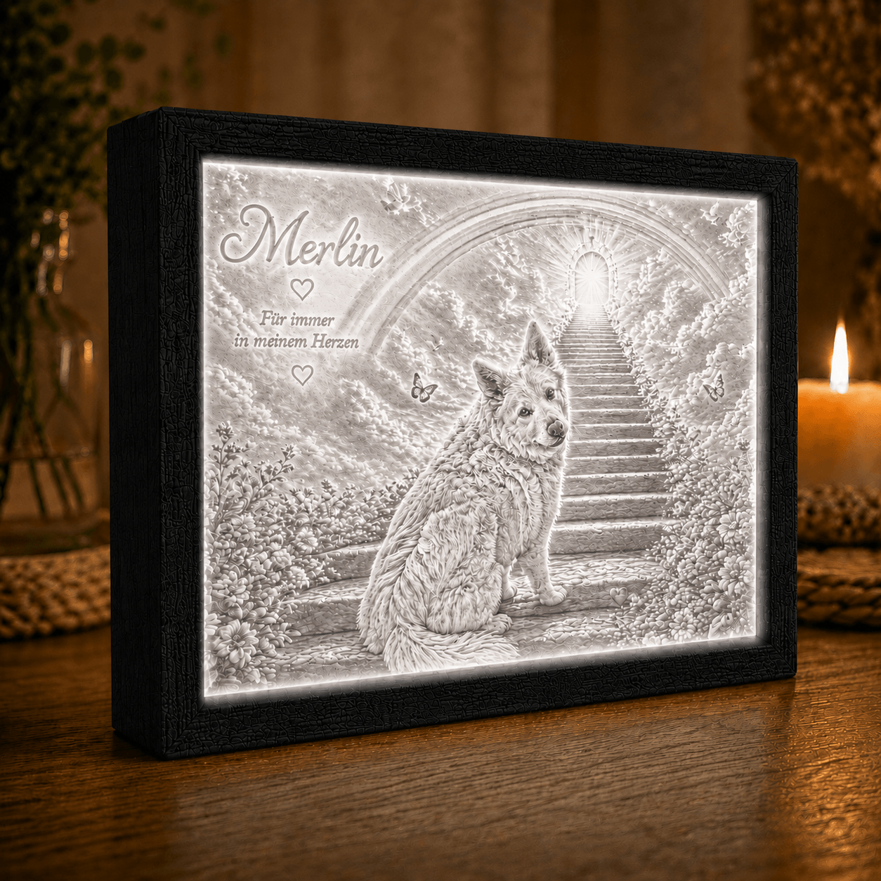Großes personalisiertes Gedenklicht für Hund Merlin im schwarzen 3D-gedruckten Rahmen mit warm beleuchtetem Lithophane-Motiv im Querformat.