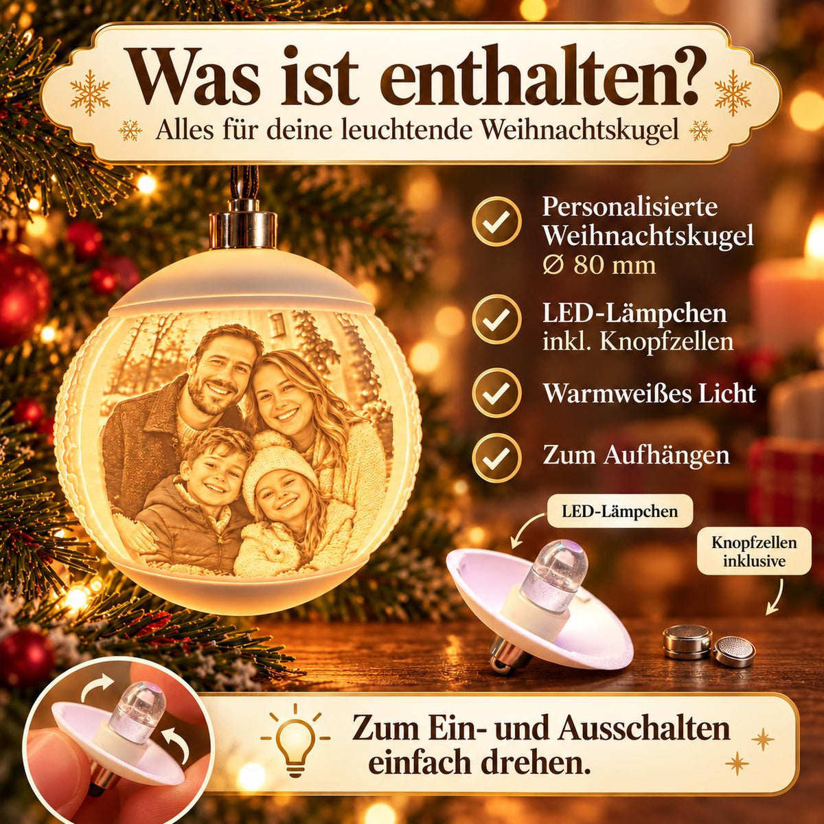 Lieferumfang der Weihnachtskugel mit LED-Lämpchen