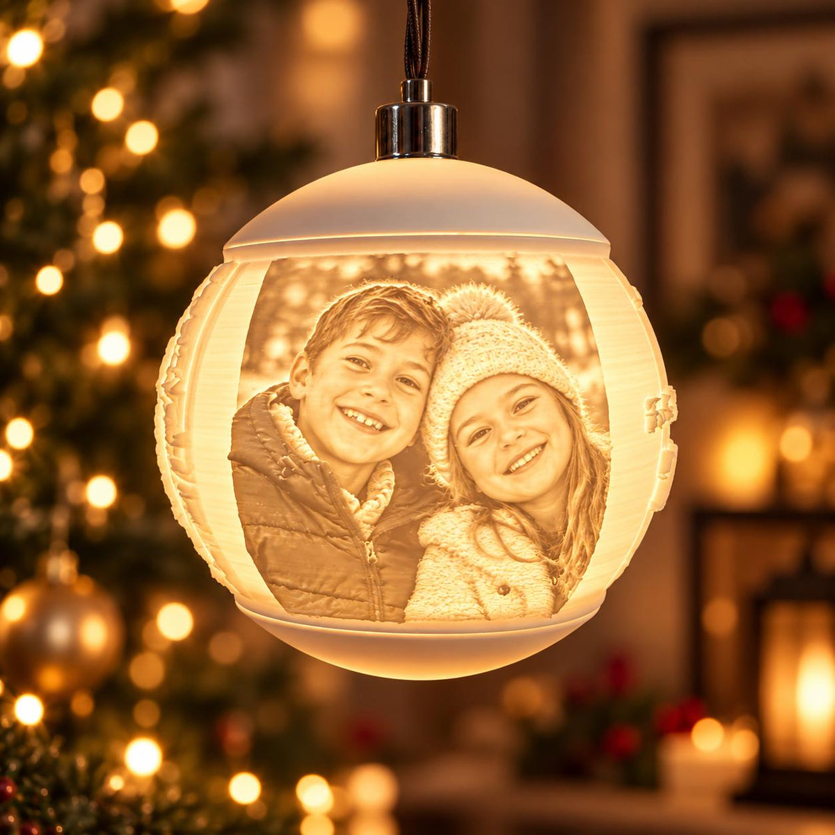 Weihnachtskugel mit Paarfoto leuchtend