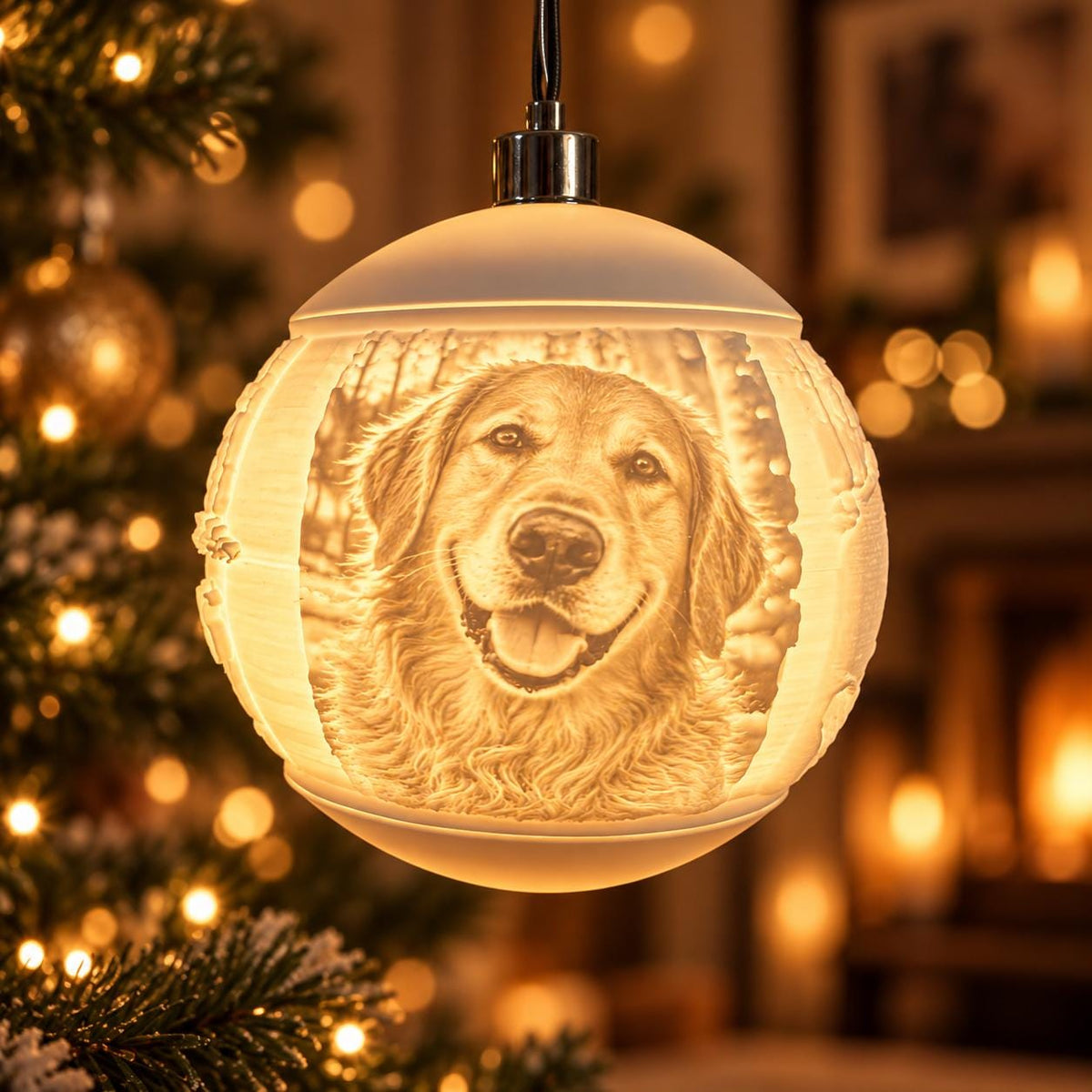 Weihnachtskugel mit Hundeporträt am Weihnachtsbaum
