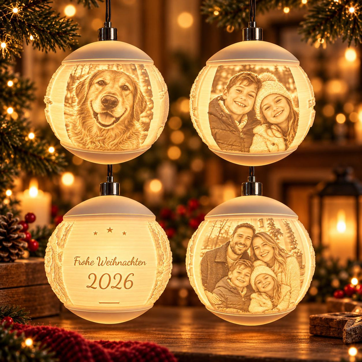 Personalisierte Weihnachtskugeln mit Fotos leuchtend am Weihnachtsbaum