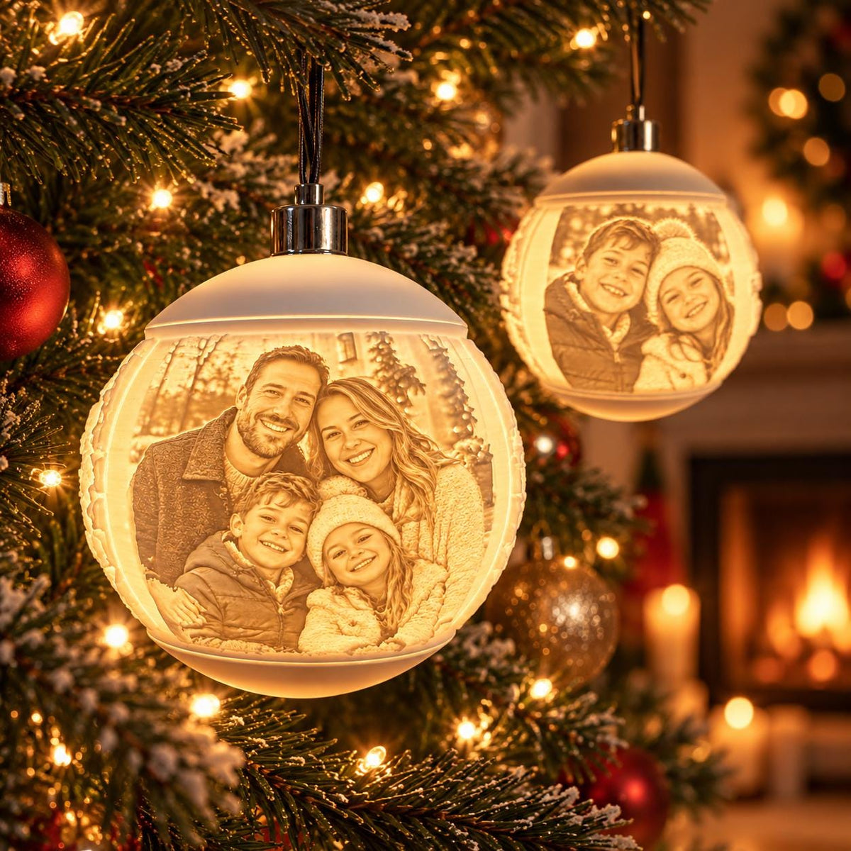 Leuchtende Weihnachtskugel mit Familienfoto am Christbaum