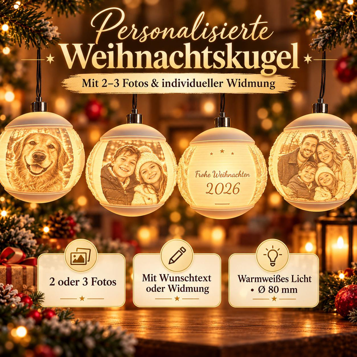 Personalisierte Weihnachtskugel mit 2 oder 3 Fotos und Wunschtext
