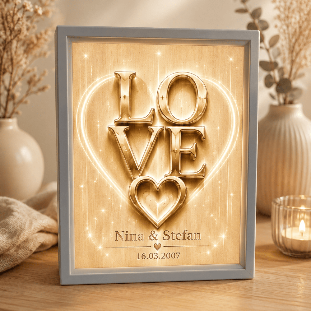 Personalisiertes LOVE Lichtbild mit Namen und Datum als Geschenk für Paare