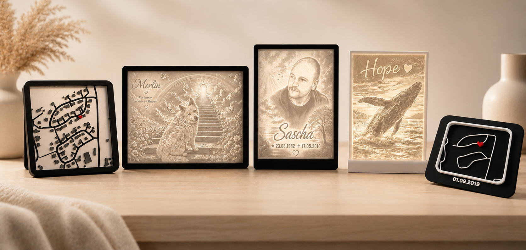 Personalisierte 3D LED Erinnerungslampen mit Foto, Namen und besonderen Motiven als liebevolle Erinnerungslichter von Lichterinnerung.