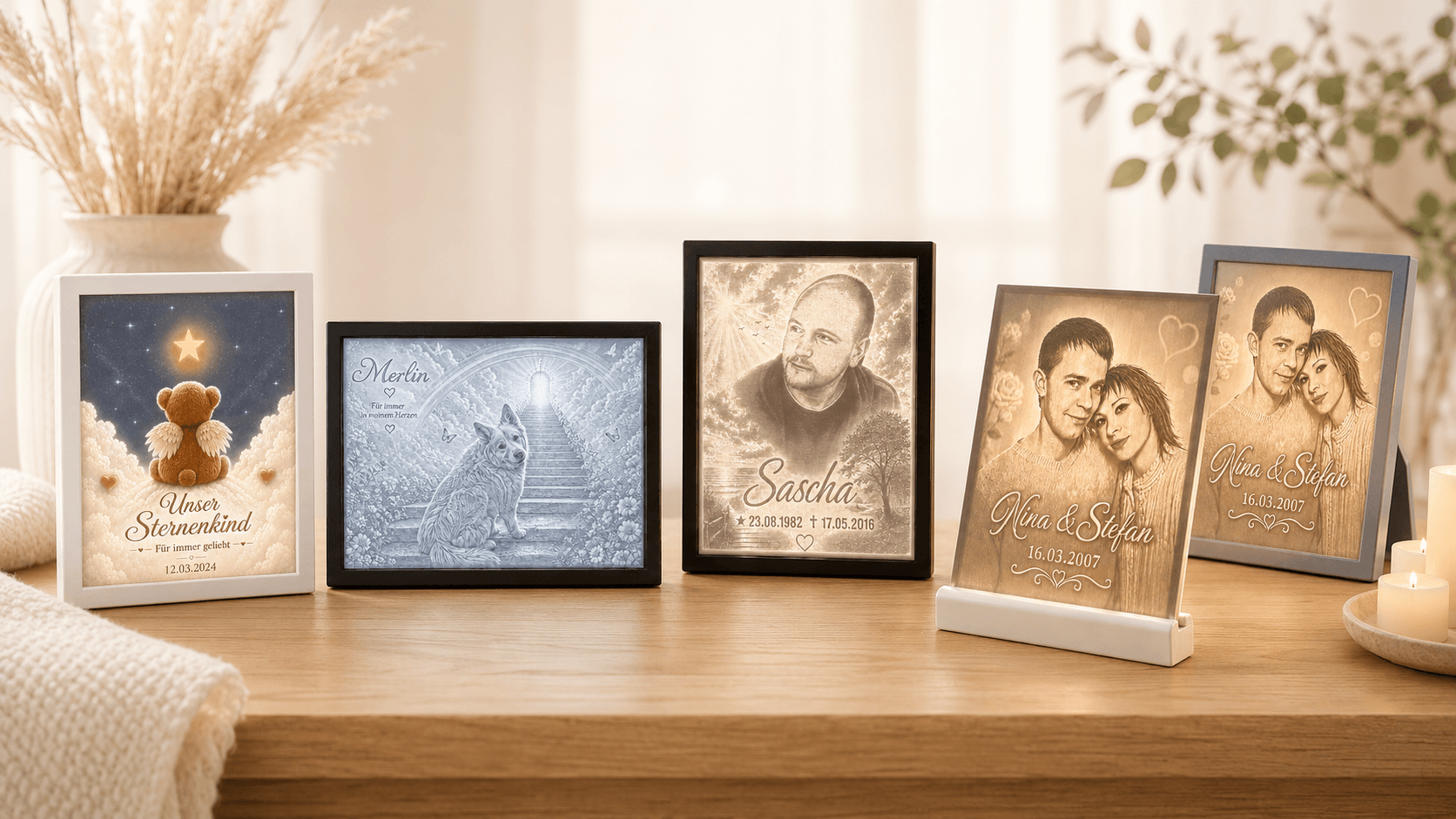 Personalisierte 3D-Lichtbilder und Erinnerungslichter von Lichterinnerung mit Foto, Haustiermotiv, Sternenkind-Licht und LED-Sockel.