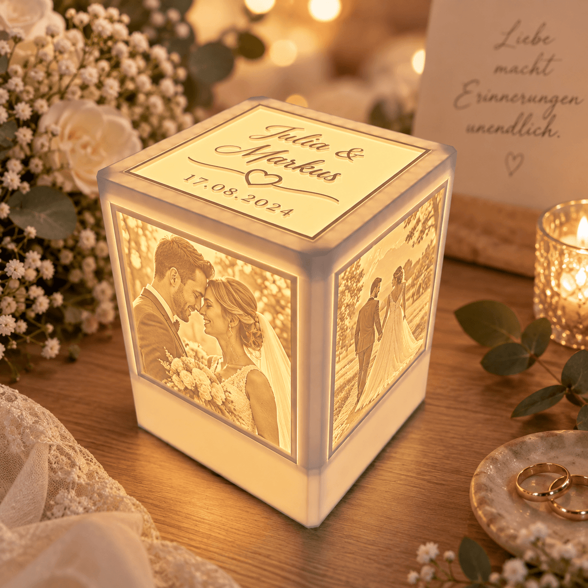 Personalisierter Hochzeitswürfel mit Fotos - Lichterinnerung