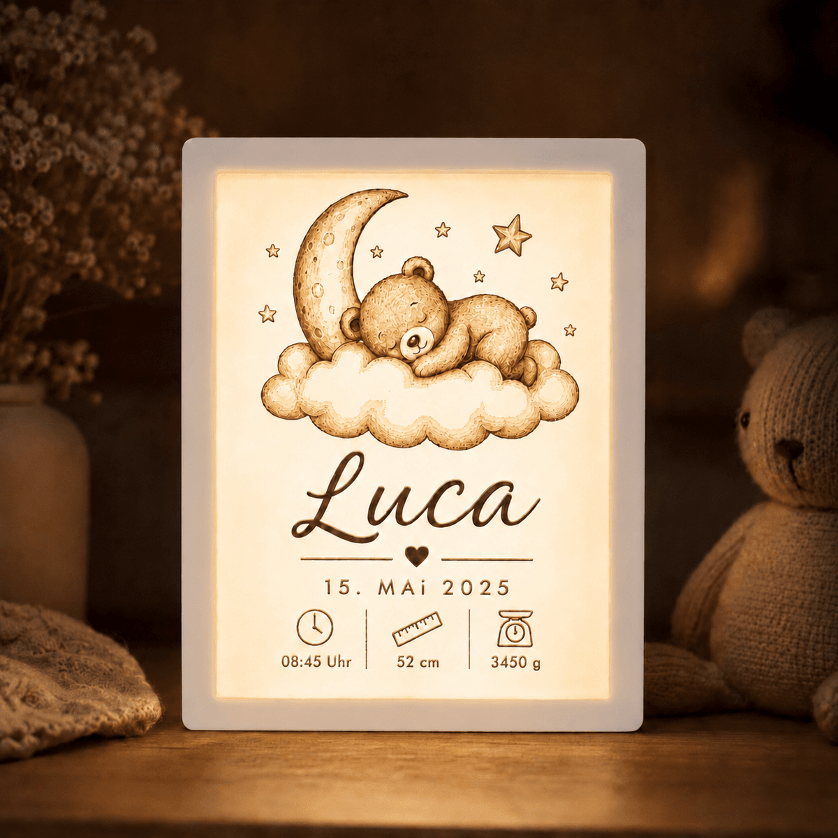 Personalisiertes Geburtslicht mit Name und Geburtsdaten – Geschenk zur Geburt