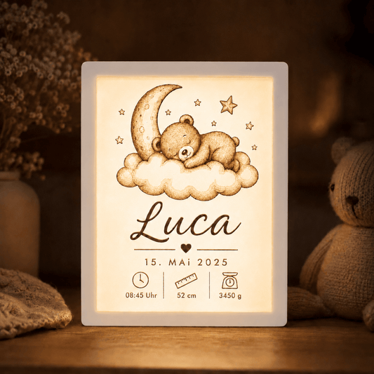 Personalisiertes Geburtslicht mit Name & Geburtsdaten – Bär, Elefant oder Regenbogen - Lichterinnerung